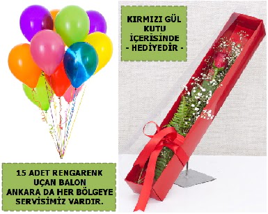 15 Adet u�an balon ve kutuda k�rm�z� g�l Ankara �ankaya K�z�lay Al��veri� Merkezi AVM �i�ek �i�ek�i , �i�ek�ilik 