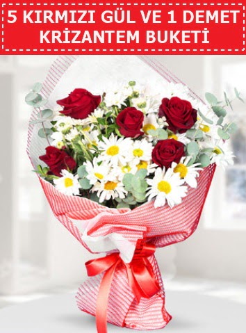 5 adet k�rm�z� g�l ve krizantem buketi Ankara �ankaya Taurus AVM �i�ek�iler �i�ek sat���