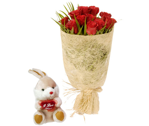 10 adet kirmizi g�l ve k���k pelus oyuncak Ankara Yenimahalle Acity Premium Outlet AVM cicekciler , cicek siparisi