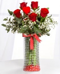Cam vazoda 5 adet k�rm�z� g�l kalp �ubuk Ankara �ankaya Karum i� ve al��veri� merkezi AVM ucuz �i�ek g�nder