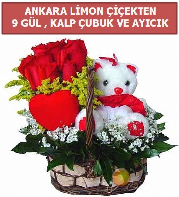Kalp �ubuk sepette 9 g�l ve ay�c�k Ankara �ankaya Ankamall AVM �i�ek�i telefonlar� 