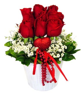 9 k�rm�z� g�l seramik ve kalp �ubuk Panora AVM Ankara �i�ek g�nderme